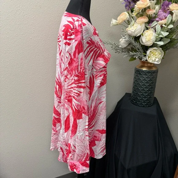 Calvin Klein 3X Pink Leaf Print Button Blouse | Tropical Resort Cruise Top - Picture 4 of 8